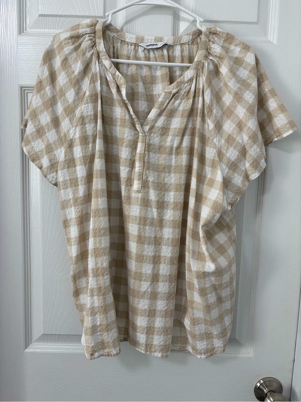 Sonoma Beige and White Gingham Peasant Blouse - Picture 1 of 3